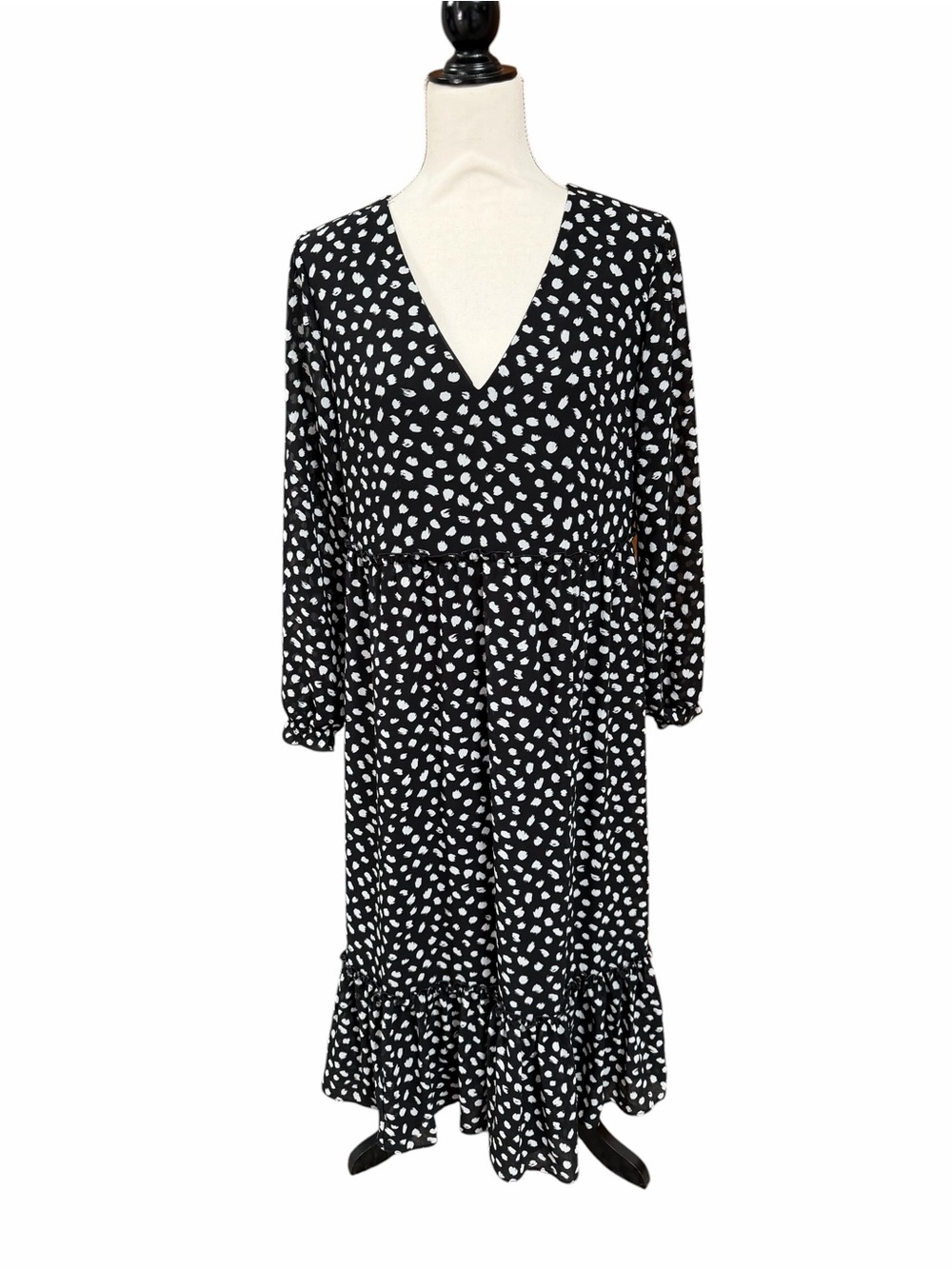 J.Crew Factory Black White Polka Dot Midi Dress LP Long Sleeve Ruffle Hem